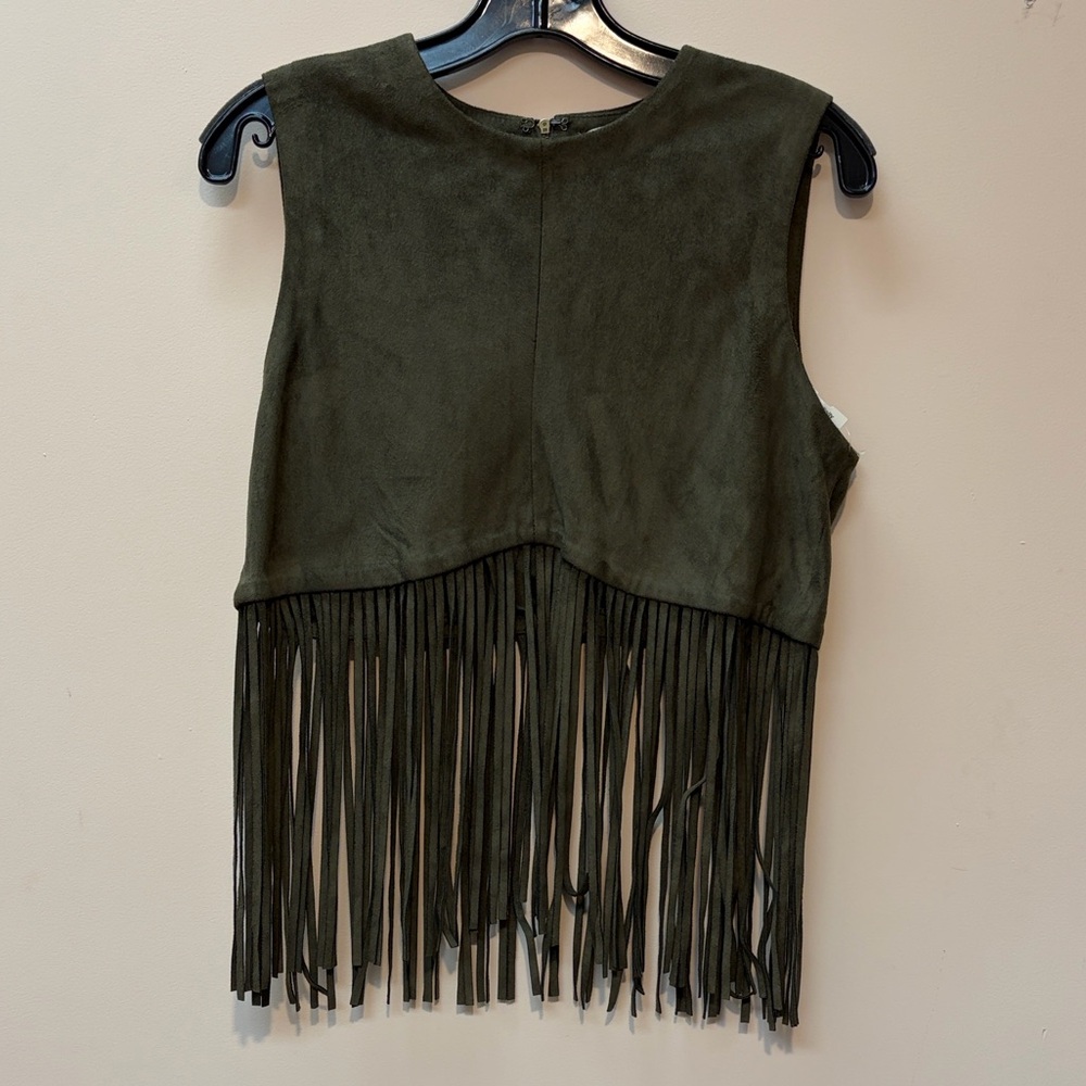 Lotus Threads Fringe Crop Top Womens Small Olive Green Western Faux Suede HDT943